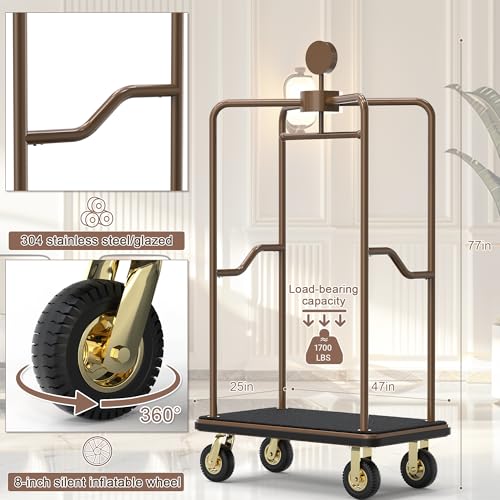 Commercial Hotel Luggage Cart 1600 lbs Capacity Bellman Cart, Stainless Steel Hotel Luggage Trolley with 8" Pneumatic Wheels & Carpet Platform, Heavy Duty Rolling Luggage Cart for Hotels