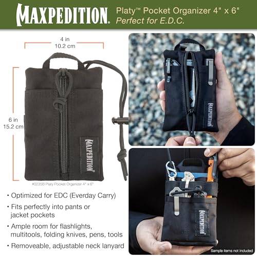 MAXPEDITION Platy Pocket Organizer, Durable EDC Tool Pouch for Men, Neck Wallet with Paracord Lanyard, Holds Flashlight, Multitool, Pen, Notebook (Black, 4" x 6")