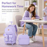 CCJPX Rolling Backpack for Girls Women, 21 inch Roller Wheels School Bookbag, Wheeled Suitcase Backpacks with Lunch Bag for Teen - Purple
