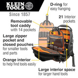 Klein Tools 55485 Tool Bag Backpack, Durable Electrician Backpack with 48 Pockets for Hand Tools, Waterproof Bottom, Removable Carrier