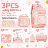 AGSDON Rolling Backpack for Girls, Women Roller Wheels Bookbag, Laptop Daisy Wheeled School Bag with Wheels for Teens