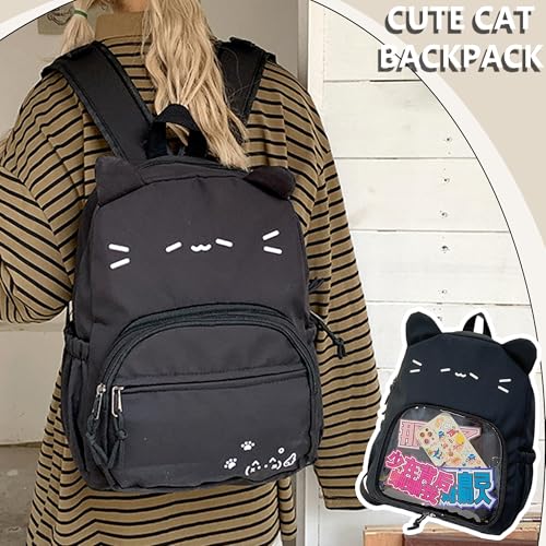 UINSUE Kawaii Chick Backpack with Detachable Front Pocket Casual Comic Cat Face Design Ita Bag for Conventions and Everyday Use 13L (Black-Cat)