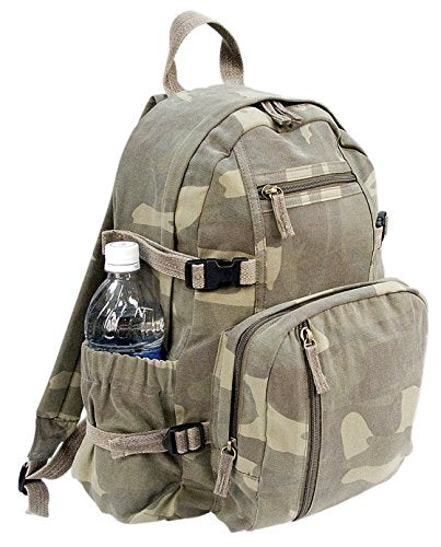 Rothco Vintage Canvas Compact Backpack, Small Cotton Canvas Daypack with Multi Pockets, Adjustable Straps, Mini Travel Bag (Woodland Camo)