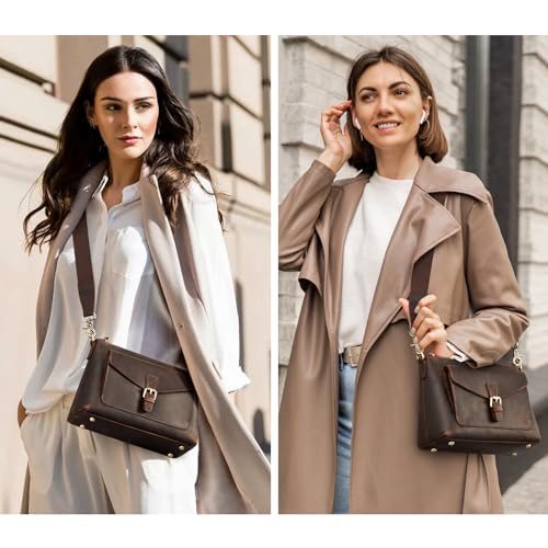 S-ZONE Genuine Leather Crossbody Bags for Women Trendy RFID Blocking Shoulder Bag Purse Handbag with Zipper Pocket - Dark Brown