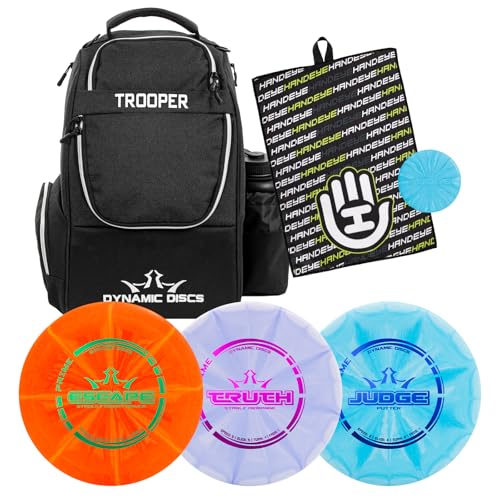 Dynamic Discs Trooper Disc Golf Backpack Starter Set | Prime Disc Golf Set of 3 – Judge, Truth & Escape | Prime Burst Base Plastic | Ideal for Beginners & Recreational Players (Black)