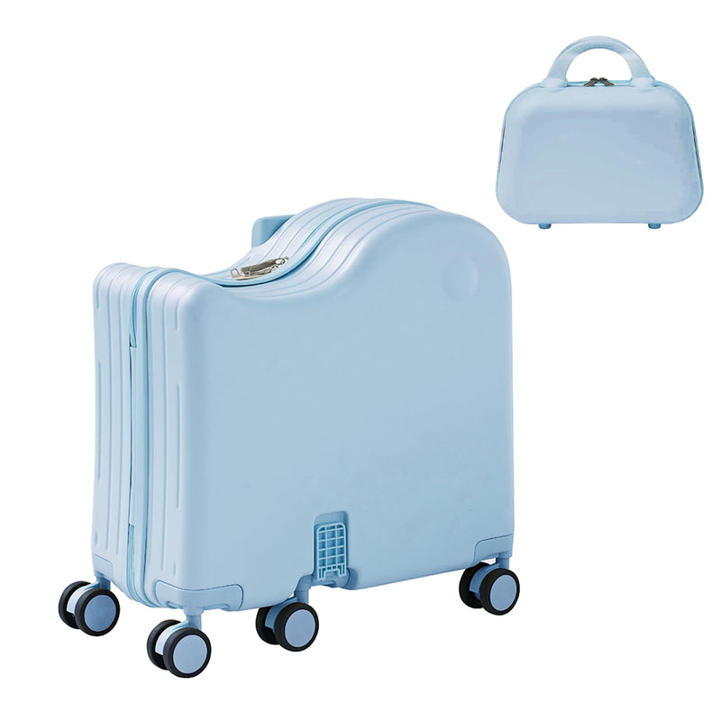 TABU Ride-on Luggage with Portable Bag for Kids，Hardshell Carry On Suitcase with Hidden Cup Holder, Foldable Pedal,Type-C & USB Interface, TSA Lock, 6-Spinner Wheels, Blue