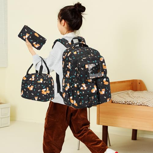 Kouxunt Fox School Backpack for Teens Girls, 3PCS Refrigerator Door Backpacks with Insulated Lunch Box Pencil Bag for Kids Women Students (Black)