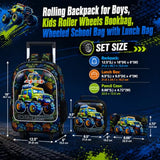 gxtvo Rolling Backpack for Boys, Roller Wheeled Bookbag - Wheeled Elementary School Bag - 3PCS Car