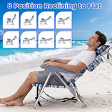 Backpack Beach Camping Chairs with 8 Positions Lay Flat, 2 Pack Lightweight Folding Beach Chair with Adjustable Headrest, Pouch, Cup Holder for Outdoor Lawn Picnic, Support 300LBS(Stripes_Blue & Cyan)