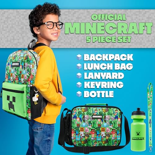 Minecraft Boys Backpack 5 Pc Gift Set, Creeper School Bookbag, Lunch Bag, Water Bottle, Keychain and Lanyard (Green AOP)