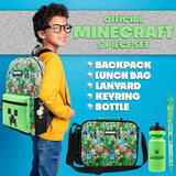Minecraft Boys Backpack 5 Pc Gift Set, Creeper School Bookbag, Lunch Bag, Water Bottle, Keychain and Lanyard (Green AOP)