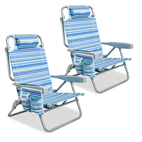 ARURU Beach Chairs for Adults 2 Pack, Portable Folding Backpack Beach Chair Heavy Duty 5-Position Lay Flat with Cooler Bag, Cup Holder for Outdoor/Lawn/Picnic/Camping