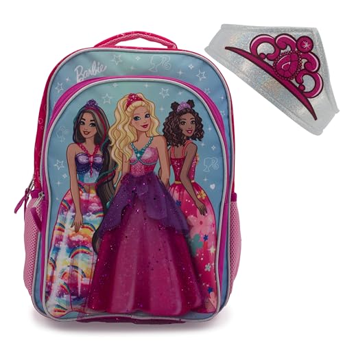 Barbie & Friends Cosplay Backpack, Girls Bookbag with Adjustable Shoulder Straps & Padded Back, 16” School Bag w/3D Skirt and Metallic Fabric Tiara.