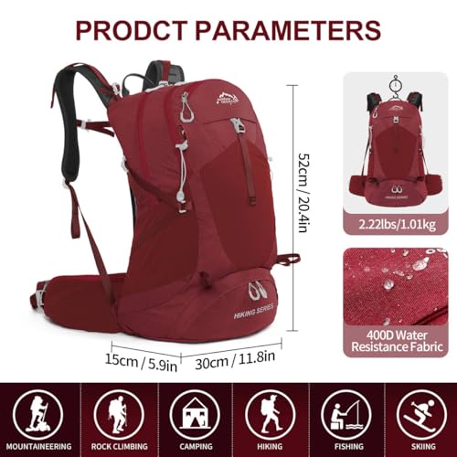 IX INOXTO Hiking Backpack, 26L/40L Waterproof Hiking Daypack with 3L Water Bladder and Rain Cover, Lightweight Travel Camping Backpack for Men Women (Red)