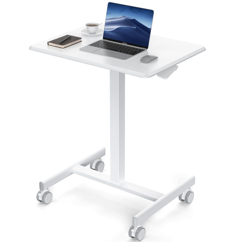 DUMOS Small Standing Desk Mobile Portable Rolling Laptop PC Table on Wheels Adjustable Height Computer Workstation for Home Office, 19 Inch, Modern White