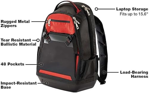 MILWUEKEE 48-22-8200 Suitable for Milwaukee 35-Pocket Impact Resistant 1680 Ballistic Jobsite Backpack, Red, Black