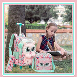 Meetbelify Rolling Backpack for Girls 3D Carton Backpack with Wheels for Elementary Student Kids Plush School Bag with Lunch Box Pencil Case for Girls Ages 6-8 Years Old Pink
