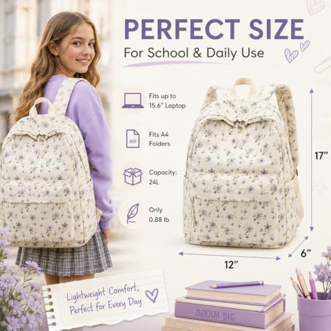 BTOOP School Backpack for Girls Teens Large Corduroy Bookbag Lightweight 15.6 inch Laptop Bag for Women Casual High School College (Purple Floral)