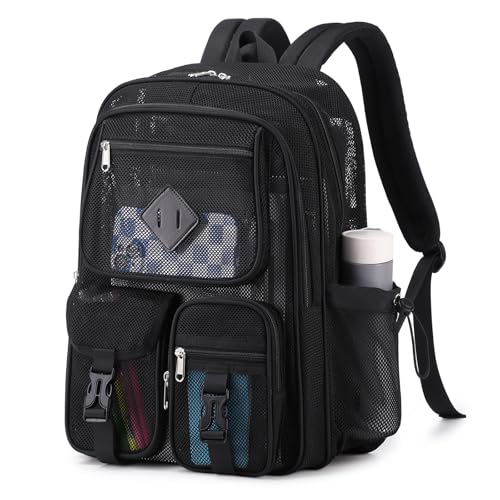 MOONBABY Mesh Backpack for School Heavy Duty See Through Net Bookbag Girls Boys Semi-Transparent Net Back Pack for Beach, Swimming, Sports, Work, Travel (Black)