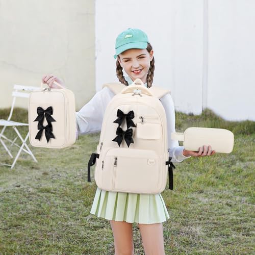 Bevalsa Backpack for Girls, Bow School Backpack for Kids with Lunch Bag & Pen Case, Cute Bookbag for Teens Girls Children for Elementary Middle High College Student, Back To School Gift (Beige)