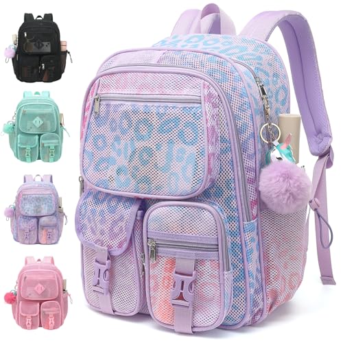 Lroiutian Mesh Backpack for Girls Boys, Heavy Duty Semi-Transparent Mesh Bookbag Womens Mens Mesh Backpacks for School, Sports, Beach, Swimming, Travel Purple Leopard