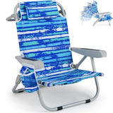COSTWAY Backpack Beach Chair, Foldable Camping Chair with 5 Adjustable Position, Cup Holder, Storage Pockets, Straps, Towel Rack, Pillow for Patio Outdoor (Blue Stripe,1)