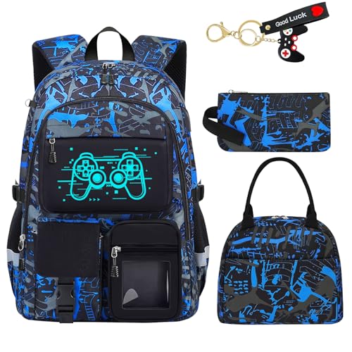 Fitvc School Backpack for Boys - 4pcs Gamer Boys Backpack with Lunch Box Set for Kids Teens Elementary Middle High School - 18" Large Capacity School Bookbag with Multiple Pockets