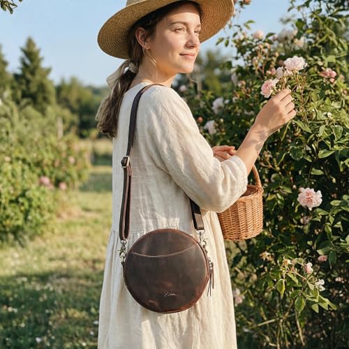 S-ZONE Leather Crossbody Bags for Women Trendy Circle Cross Body Shoulder Bag Designer Round Purses