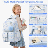 WOBAGMEN Cute Bow Backpack for Teen Girls, Large Capacity Multi-Pocket School Bag Fits 15.6" Laptop, Lightweight Durable Daypack for School and Travel (Blue Bow, M)