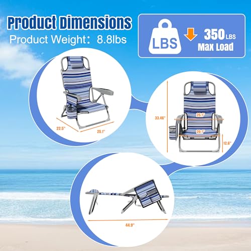 DIAMONDFORGE 2 Pack Lightweight Portable Beach Chair for Adults, 350 LBS Capacity Backpack Beach Chair, Reclining Beach Chair with 5-Position Lay Flat, Large Cup Holder for Beach Camping Sports, Blue