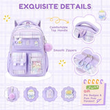 QIXIHU Kids Backpack for Girls, Bookbag for Elementary Students Kawaii Ita School Bag with Pins for Teens Lightweight Water Resistant Travel Backpack with Luggage Strap, Purple