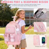 Bevalsa Rolling Backpack for Girls, Roller Backpack with Wheels, Cute Bow Plaid Wheeled School Bookbag Set with Lunch Bag & Pen Case, Suitcases for Kids Teens Elementary Middle Student (Pink)