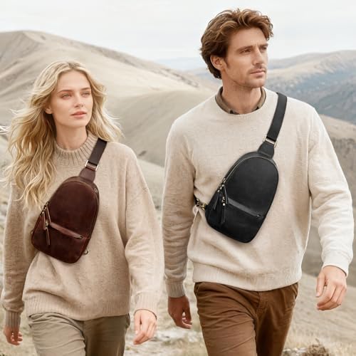 S-ZONE Leather Sling Bags for Women Men, Fanny Packs, Small Crossbody Purse Chest Bag with RFID Blocking