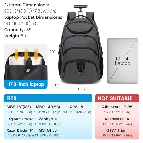 Boavan Rolling Backpack,17 inch Water Resistant Wheeled Backpack,Carry –