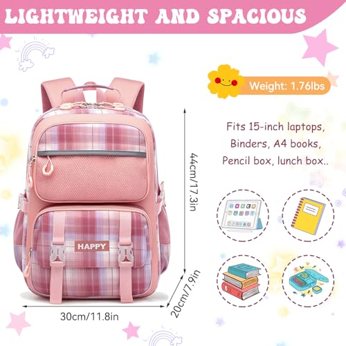 HZWLFA Kids Backpack for Girls,Cute Plaid Backpack,Preppy Bookbag for Elementary & Middle School Students,Large Capacity School Bag,17 Inch,Pink