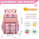 HZWLFA Kids Backpack for Girls,Cute Plaid Backpack,Preppy Bookbag for Elementary & Middle School Students,Large Capacity School Bag,17 Inch,Pink
