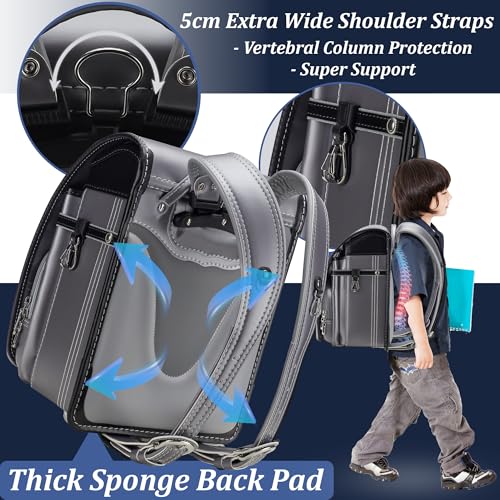 IwaiLoft Ransel Randoseru Backpack with Automatic Satchel for Boys, Japanese School Bag Embroidery PU Bookbag for Men Male (Silver&Black)