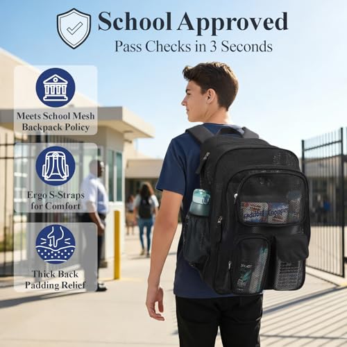 PACKISM Mesh Backpack for School - 18 Inch Extra Large Mesh Bookbag, Black
