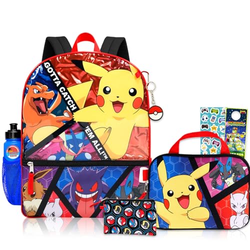Pokemon Backpack Set for Boys - Bundle with 16" Pikachu Backpack, Snack Bag, Water Bottle, Pencil Case, More | Pokemon School Bag for Kids