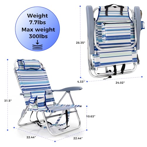 Backpack Beach Camping Chairs with 8 Positions Lay Flat, 2 Pack Lightweight Folding Beach Chair with Adjustable Headrest, Pouch, Cup Holder for Outdoor Lawn Picnic, Support 300LBS(Stripes_Blue & Cyan)