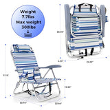 Backpack Beach Camping Chairs with 8 Positions Lay Flat, 2 Pack Lightweight Folding Beach Chair with Adjustable Headrest, Pouch, Cup Holder for Outdoor Lawn Picnic, Support 300LBS(Stripes_Blue & Cyan)