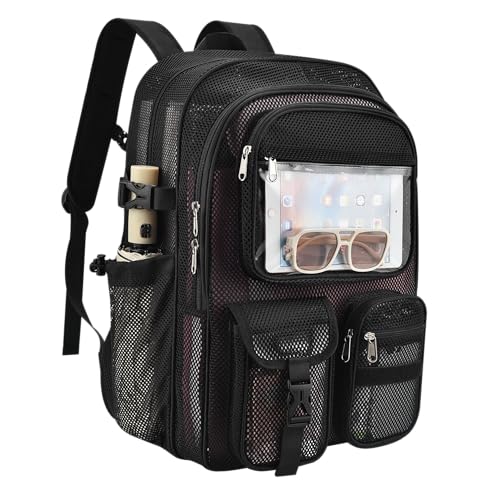 Jeluno Heavy Duty Mesh Backpack for School, Lightweight Black Book Backpack for Beach,Travel(Black)