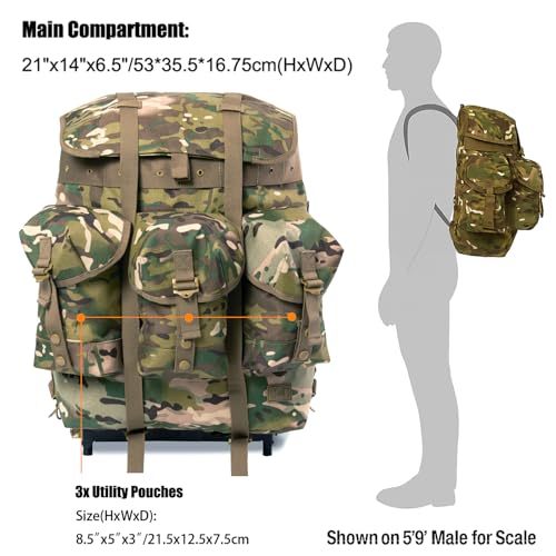 MT Military ALICE Medium Rucksack – 900D ALICE Pack with External Frame, Army Pack with 3 Front Pockets 50L