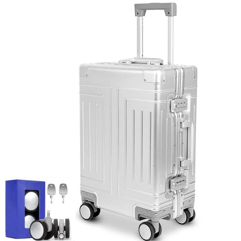 KANGSHILU All Aluminum 20'' Luggage with Removable Spinner Wheels,Provide Spare Wheels.Carry on Luggage 22 x 14 x 9 Airline Approved Lightweight Metal Hard Shell Zipperless Suitcase