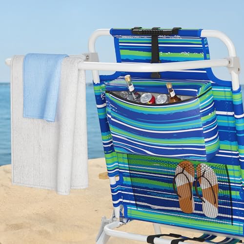 Tall Beach Chairs for Adults, 17" High Backpack Beach Chair with Wooden Armrests, 5 Positions Reclining Heavy Duty Chair with Large Cooler Pouch, Support to 350LBS Striped Blue&Green,1pack