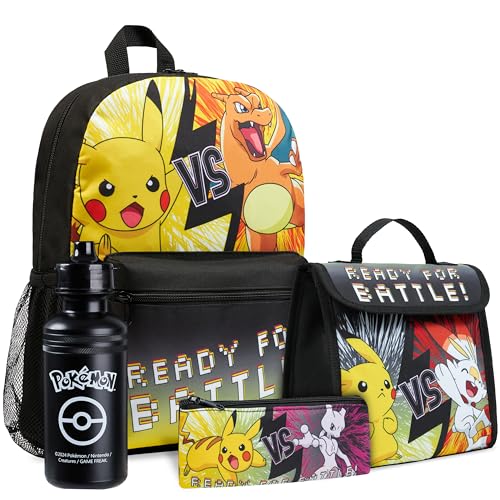 Pokemon Backpack Set 4 Pcs for Kids with Backpack Water Bottle Pencil Case and Insulated Lunch Bag or Wallet Anime School Supplies Gifts for Kids (Black/Yellow 4 Pcs Set)