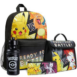 Pokemon Backpack Set 4 Pcs for Kids with Backpack Water Bottle Pencil Case and Insulated Lunch Bag or Wallet Anime School Supplies Gifts for Kids (Black/Yellow 4 Pcs Set)