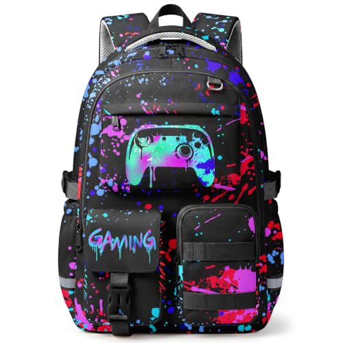 WOBAGMEN Cute Gaming Backpack for Teen Boys Girls, Large Capacity Multi-Pocket School Bag Fits 15.6" Laptop, Lightweight Durable Daypack for School and Travel (Gaming, M)
