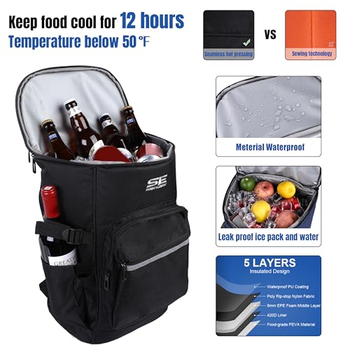 Tilami Backpack Cooler 30L Insulated Soft Cooler Lunch Bag for Camping, Beach, Hiking & Shopping,Black