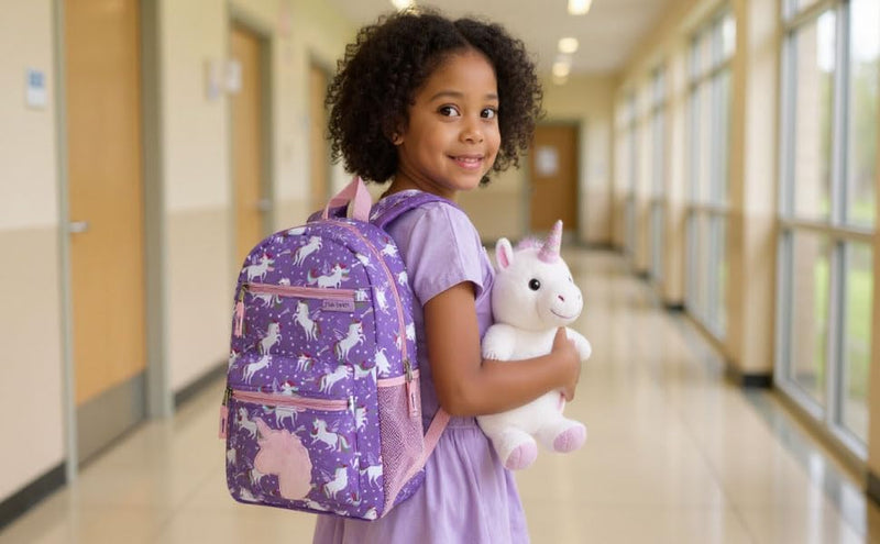 Trail maker 17” Kids Character School Backpacks Plush for Girls with Side Pockets, Padded Straps (Plush Unicorn Love)